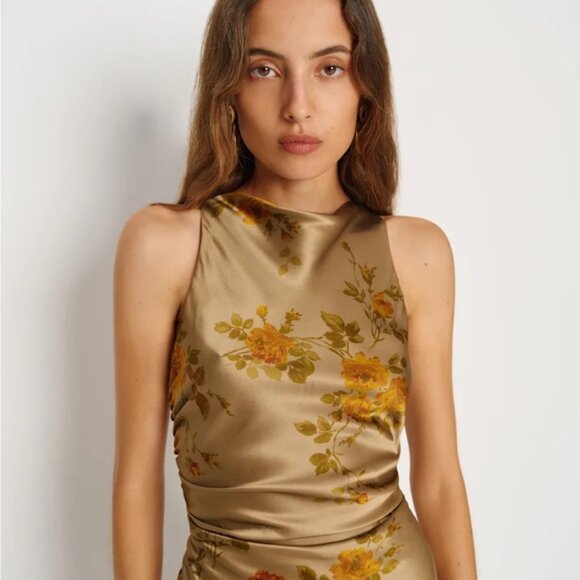 NEW Reformation Anaiis Silk Long Dress Poet Brown Tan Floral | US 4 UK 8 - Picture 10 of 13